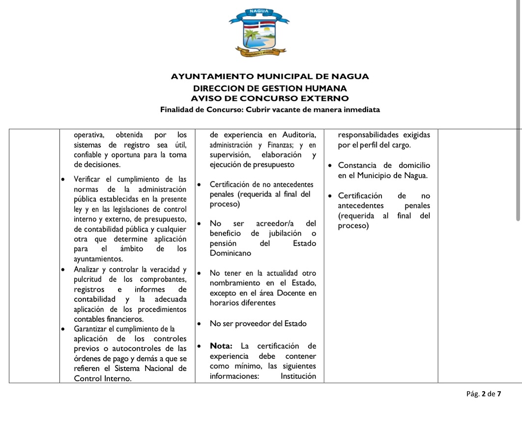 Atención! Vacante para Contralor Municipal en Nagua.